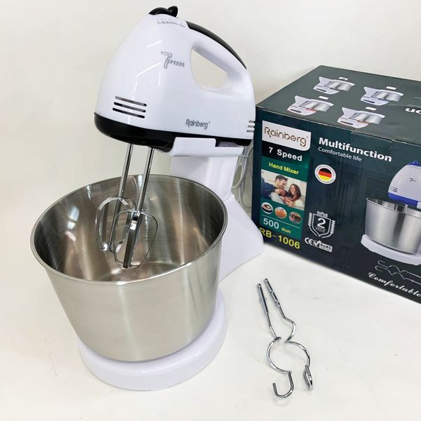 Стационарный электрический миксер с чашей Rainberg RB-1006 500W с насадками для замешивания теста Black 00020129 фото
