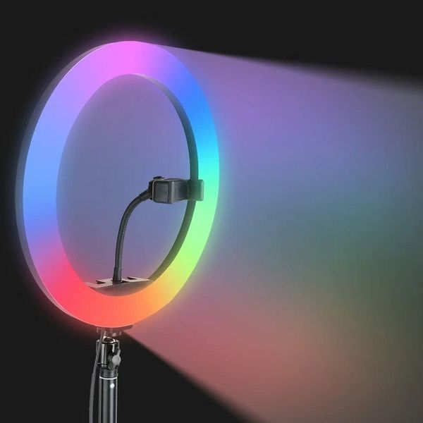 Кольцевая LED лампа RGB MJ45 Ring 45 см комплектация адаптер со встроенным кабелем, держатели для телефона, пульт 00023199 фото