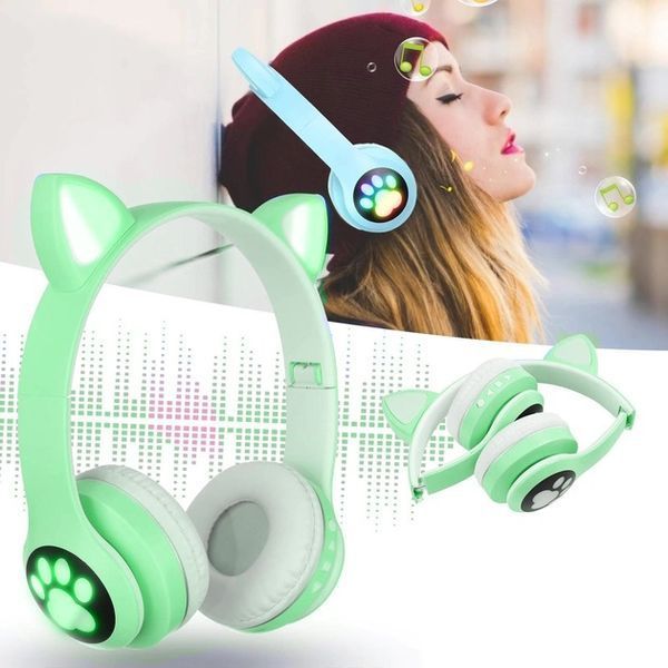 Беспроводные наушники с кошачьими ушками и RGB подсветкой Cat VZV 23M. Цвет: зеленый 00023808 фото