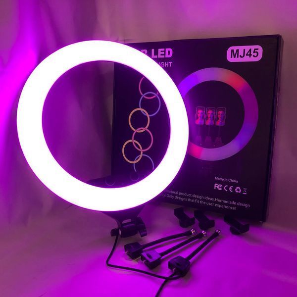 Кольцевая LED лампа RGB MJ45 Ring 45 см комплектация адаптер со встроенным кабелем, держатели для телефона, пульт 00023199 фото