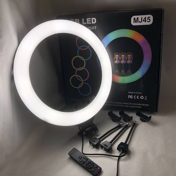 Кольцевая LED лампа RGB MJ45 Ring 45 см комплектация адаптер со встроенным кабелем, держатели для телефона, пульт 00023199 фото