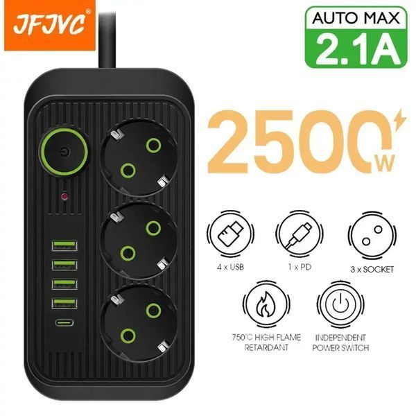 Мережевий фільтр живлення UA Power Socket F09U 3 розетки +4USB +Type-C Port 2m, мережевий подовжувач розеток 00017568 фото