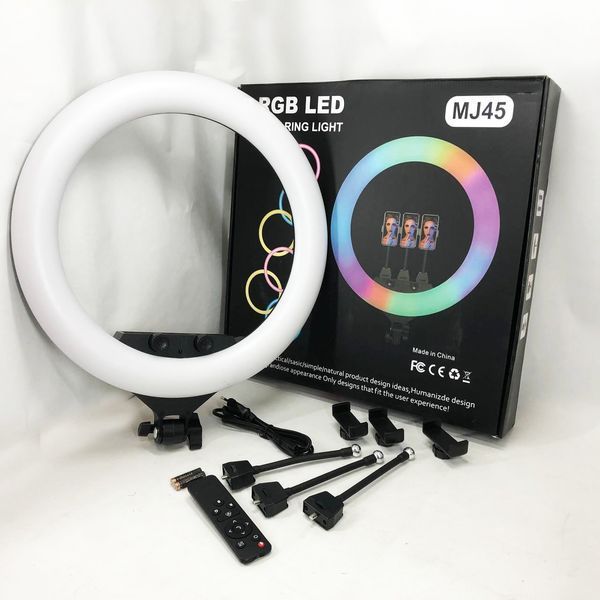 Кольцевая LED лампа RGB MJ45 Ring 45 см комплектация адаптер со встроенным кабелем, держатели для телефона, пульт 00023199 фото