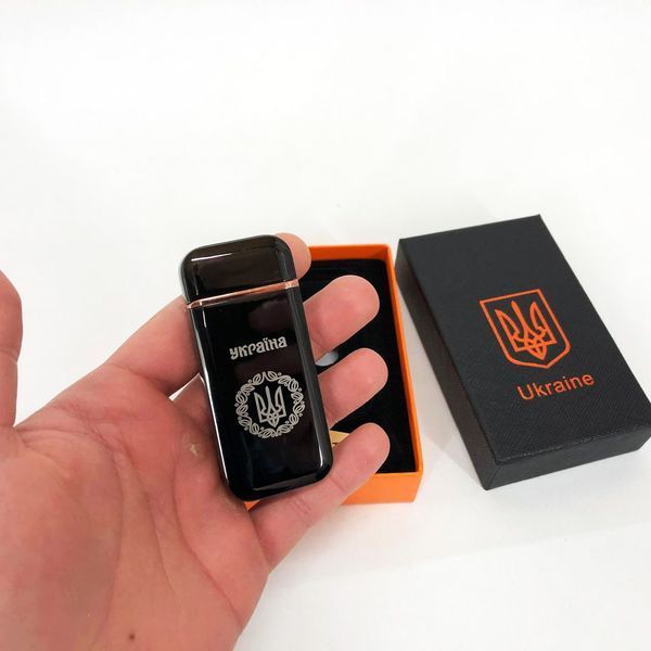 Дугова електроімпульсна запальничка USB Герб України (індикатор заряду, ліхтарик) HL-442. Колір чорний 00023025 фото