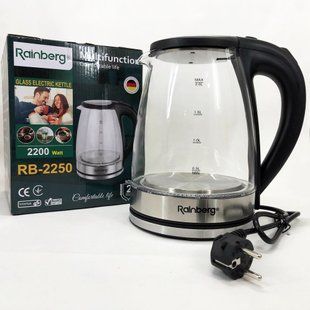 Електричний скляний чайник Rainberg RB-2250 з LED підсвічуванням 2200 Вт 1.8л, хороший електро чайник 00020320 фото