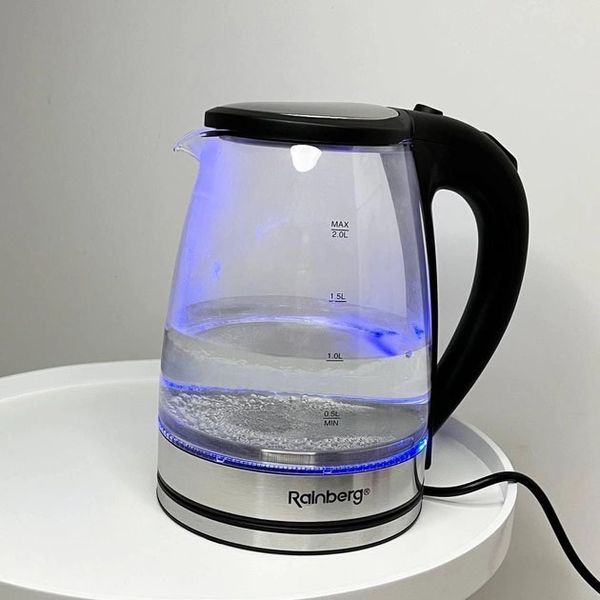 Электрический стеклянный чайник Rainberg RB-2250 с LED подсветкой 2200 Вт 1.8л, хороший электро чайник 00020320 фото