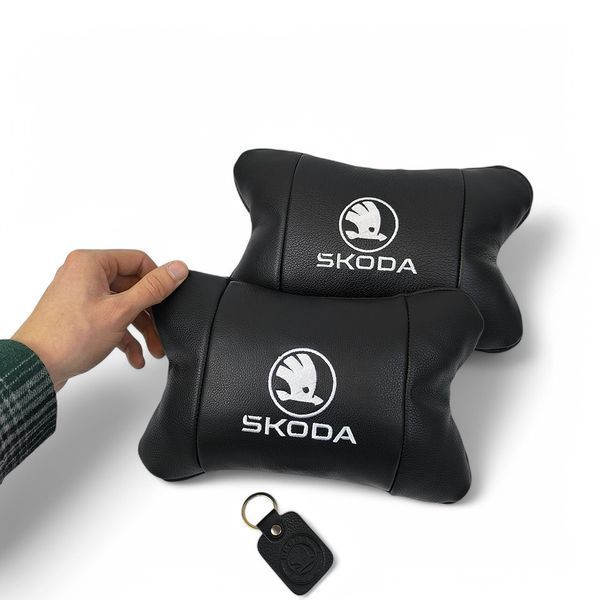 Автомобільні подушки 2 шт на підголівник Skoda / Шкода, з натуральної шкіри, стильний аксесуар для вашого авто 00016806 фото