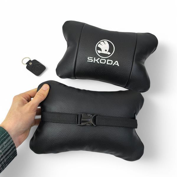 Автомобільні подушки 2 шт на підголівник Skoda / Шкода, з натуральної шкіри, стильний аксесуар для вашого авто 00016806 фото