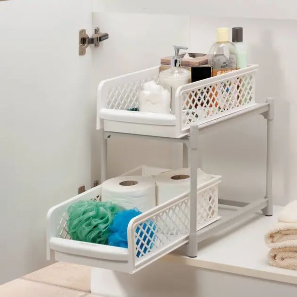Пластиковий органайзер для ванної з 2 висувними полицями, Portable 2 Tier Basket Drawers 00014047 фото
