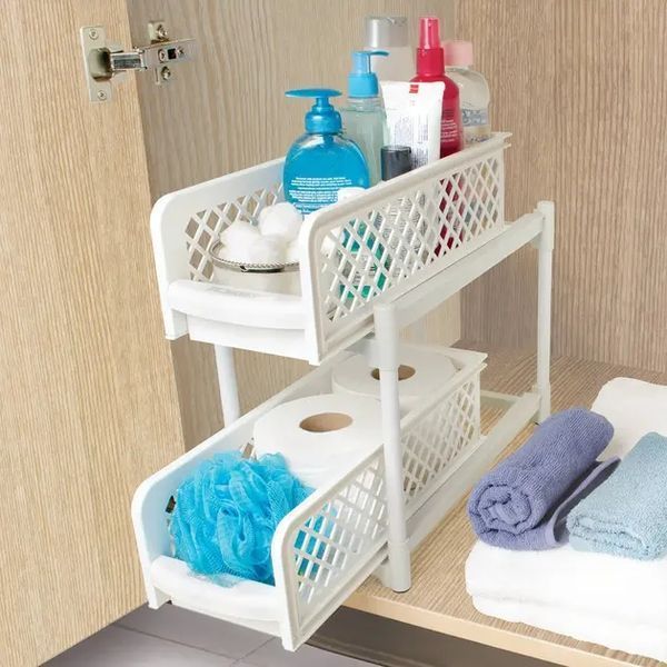 Пластиковий органайзер для ванної з 2 висувними полицями, Portable 2 Tier Basket Drawers 00014047 фото
