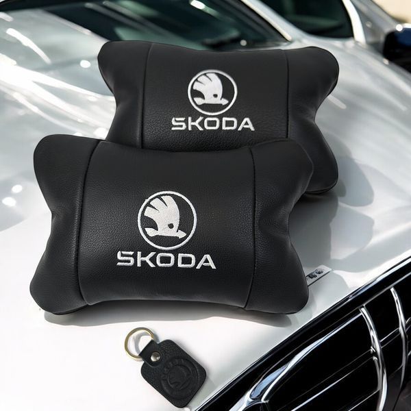 Автомобільні подушки 2 шт на підголівник Skoda / Шкода, з натуральної шкіри, стильний аксесуар для вашого авто 00016806 фото