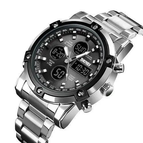 Часы наручные мужские SKMEI 1389SIBK SILVER-BLACK, модные мужские часы. Цвет: серебряный + черный 00022038 фото