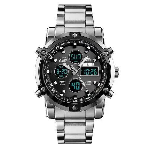 Часы наручные мужские SKMEI 1389SIBK SILVER-BLACK, модные мужские часы. Цвет: серебряный + черный 00022038 фото
