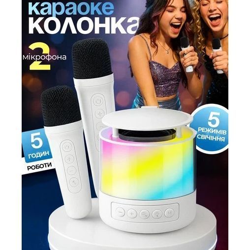 Портативная Bluetooth колонка K19 с подсветкой LED и двумя микрофонами для караоке White 00016338 фото