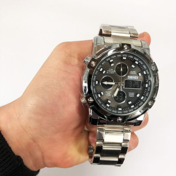 Часы наручные мужские SKMEI 1389SIBK SILVER-BLACK, модные мужские часы. Цвет: серебряный + черный 00022038 фото