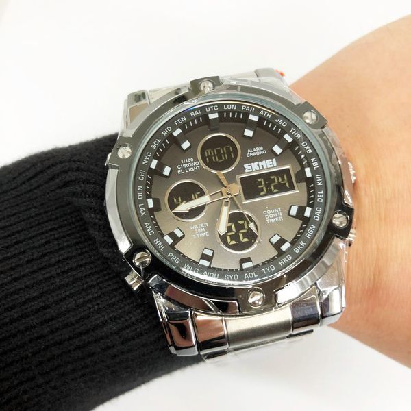 Часы наручные мужские SKMEI 1389SIBK SILVER-BLACK, модные мужские часы. Цвет: серебряный + черный 00022038 фото