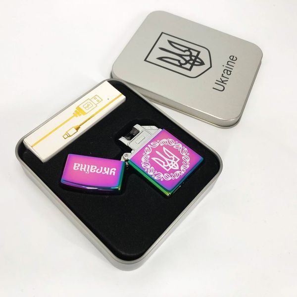 Дугова електроімпульсна запальничка USB Україна металева коробка HL-447. Колір: хамелеон 00023026 фото