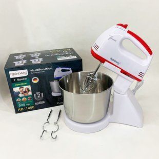 Стаціонарний електричний міксер із чашею Rainberg RB-1006 500W з насадками для замішування тіста Red 00020144 фото