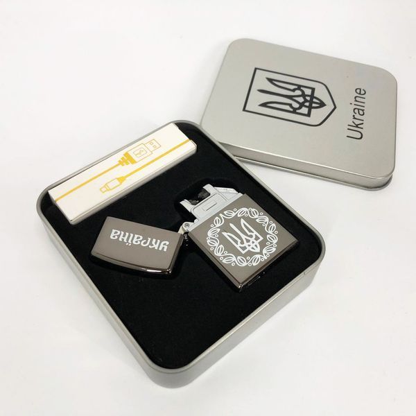 Дуговая электроимпульсная USB зажигалка Украина металлическая коробка HL-447. Цвет: черный 00023027 фото