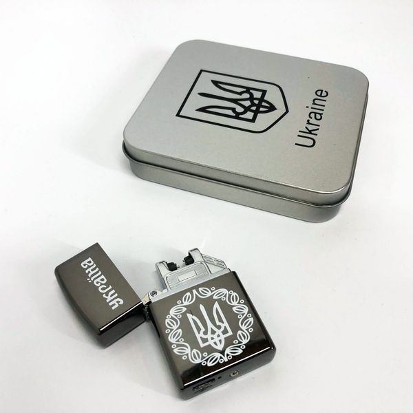 Дуговая электроимпульсная USB зажигалка Украина металлическая коробка HL-447. Цвет: черный 00023027 фото