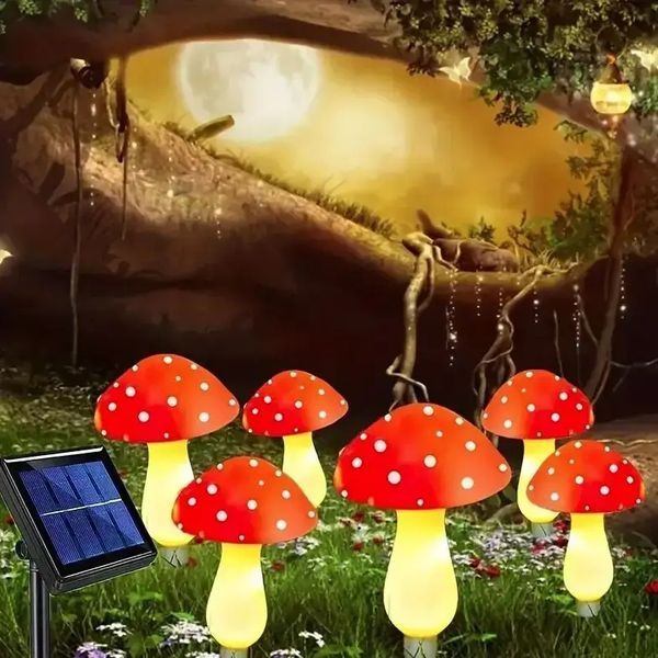 Декоративная гирлянда &laquo;Мухоморы&raquo; с солнечной батареей, 8 режимов свечения 6 шт 00024630 фото
