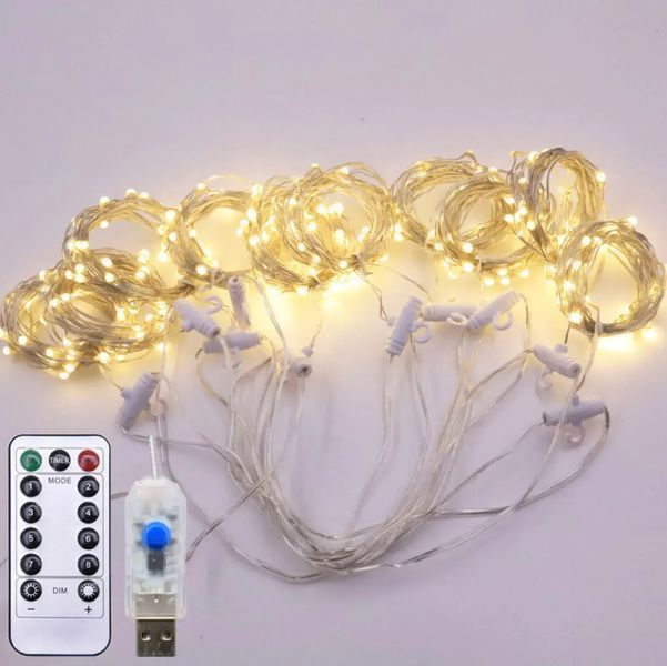 Світлодіодна гірлянда штора роса на дроті 3х2 м 200 LED пульт + USB теплий білий 00024824 фото