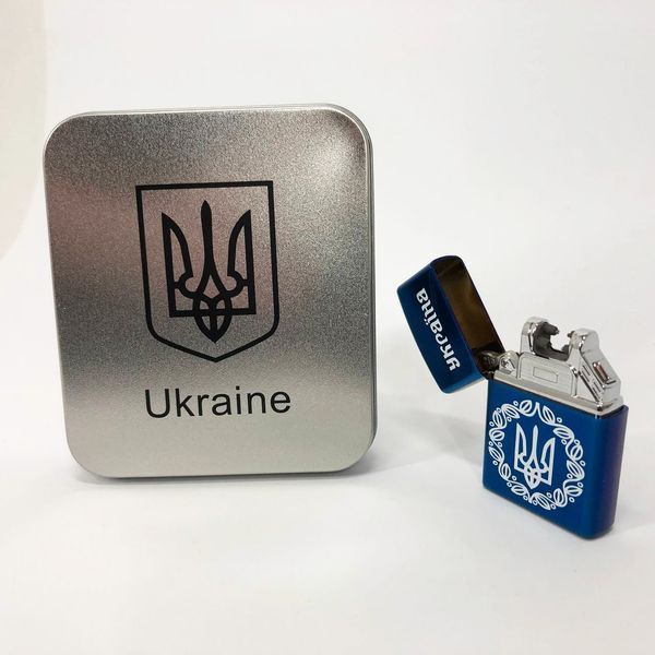 Дуговая электроимпульсная USB зажигалка Украина металлическая коробка HL-447. Цвет: синий 00023028 фото