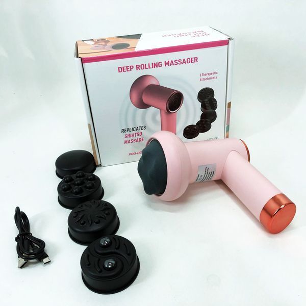 Масажер антицелюлітний для тіла рук та ніг 4 насадки 6 швидкостей Deep Rolling Massager. Колір: рожевий 00014831 фото