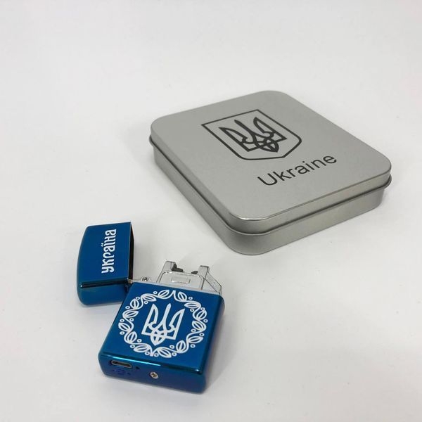 Дуговая электроимпульсная USB зажигалка Украина металлическая коробка HL-447. Цвет: синий 00023028 фото