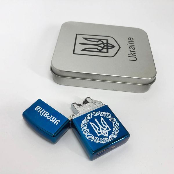 Дуговая электроимпульсная USB зажигалка Украина металлическая коробка HL-447. Цвет: синий 00023028 фото
