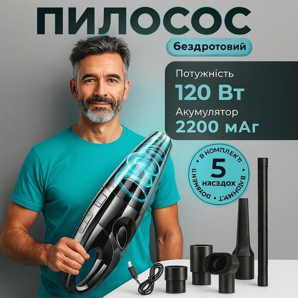 Мощный беспроводной пылесос автомобильный для сухой и влажной уборки в машине и дома +5 насадок 00016899 фото