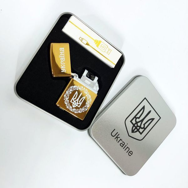 Дуговая электроимпульсная USB Юсб зажигалка Украина металлическая коробка HL-447. Цвет: золотой 00023029 фото