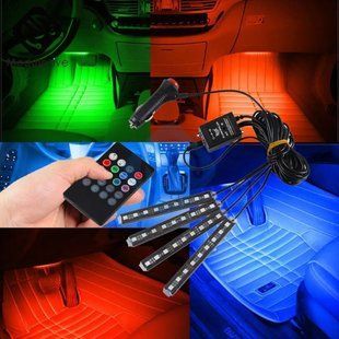 Светодиодная подсветка салона авто RGB led - подсветка в авто от прикуривателя, влагозащитная с пультом 4 х 22см 00017133 фото