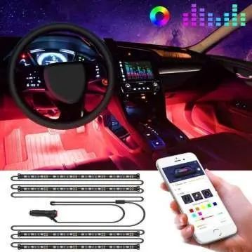 Світлодіодне підсвічування салону авто RGB led - підсвічування в авто від прикурювача, вологозахисне з пультом 4 х 22см 00017133 фото