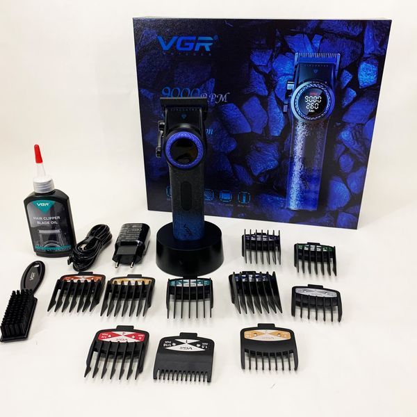 Профессиональная машинка для стрижки волос VGR V-001 BLUE с дисплеем 9000 об/мин и 10 насадками 1,5-24 мм 00014833 фото