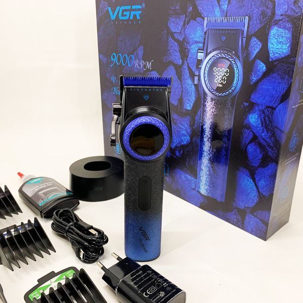 Профессиональная машинка для стрижки волос VGR V-001 BLUE с дисплеем 9000 об/мин и 10 насадками 1,5-24 мм 00014833 фото