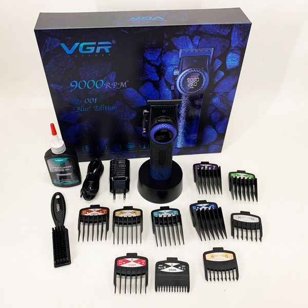 Профессиональная машинка для стрижки волос VGR V-001 BLUE с дисплеем 9000 об/мин и 10 насадками 1,5-24 мм 00014833 фото