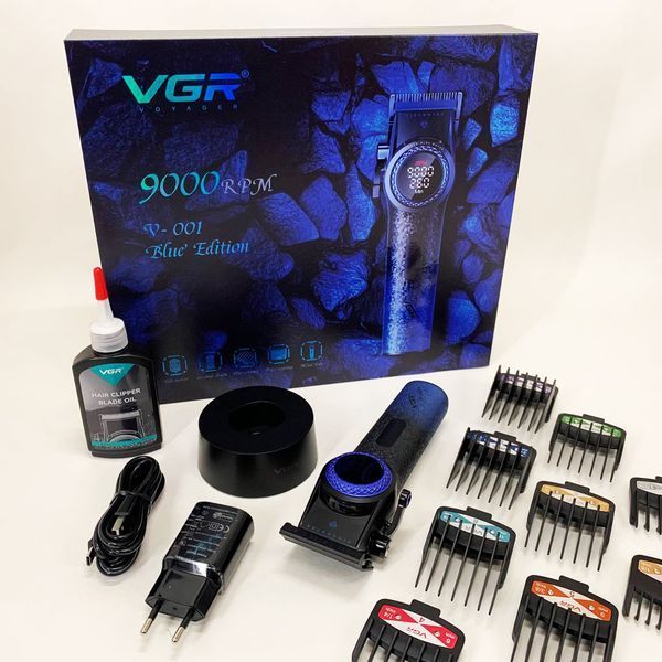 Профессиональная машинка для стрижки волос VGR V-001 BLUE с дисплеем 9000 об/мин и 10 насадками 1,5-24 мм 00014833 фото