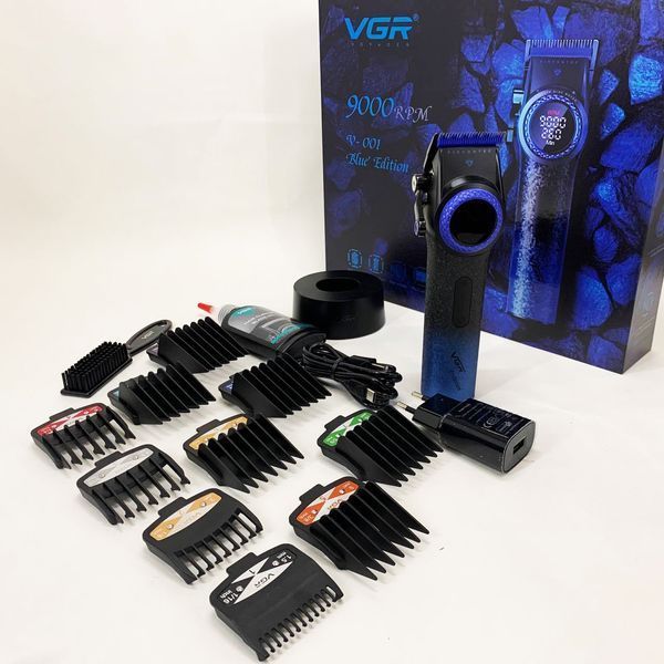 Профессиональная машинка для стрижки волос VGR V-001 BLUE с дисплеем 9000 об/мин и 10 насадками 1,5-24 мм 00014833 фото