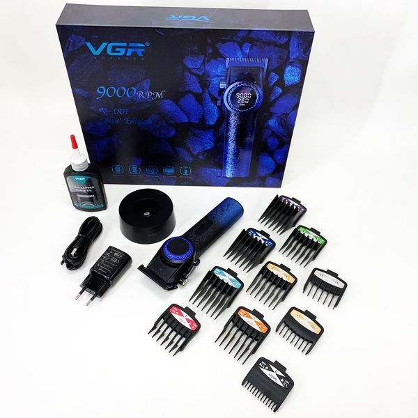 Профессиональная машинка для стрижки волос VGR V-001 BLUE с дисплеем 9000 об/мин и 10 насадками 1,5-24 мм 00014833 фото
