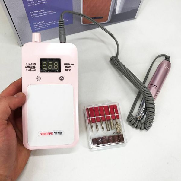 Портативный Фрезер для ногтей Nail Drill YT-928 аккумуляторный с индикатором заряда на 35 000 оборотов. Цвет: розовый 00015501 фото