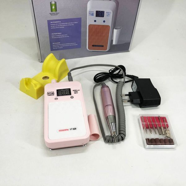 Портативный Фрезер для ногтей Nail Drill YT-928 аккумуляторный с индикатором заряда на 35 000 оборотов. Цвет: розовый 00015501 фото