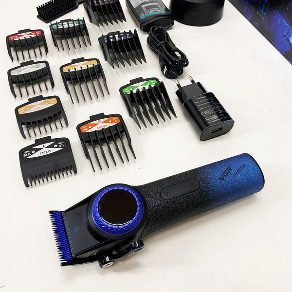 Профессиональная машинка для стрижки волос VGR V-001 BLUE с дисплеем 9000 об/мин и 10 насадками 1,5-24 мм 00014833 фото