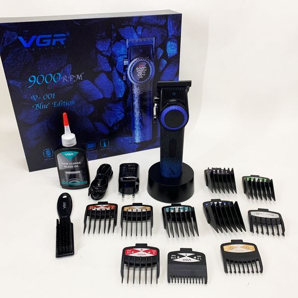 Профессиональная машинка для стрижки волос VGR V-001 BLUE с дисплеем 9000 об/мин и 10 насадками 1,5-24 мм 00014833 фото