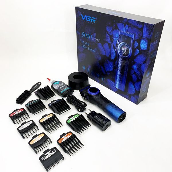 Профессиональная машинка для стрижки волос VGR V-001 BLUE с дисплеем 9000 об/мин и 10 насадками 1,5-24 мм 00014833 фото
