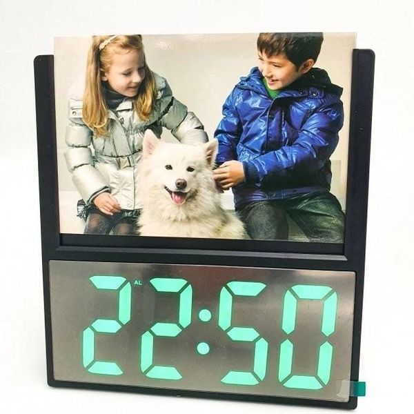 Електронний дротовий настільний цифровий годинник DS-6608 з фоторамкою, зелене підсвічування. Колір: білий 00012617 фото