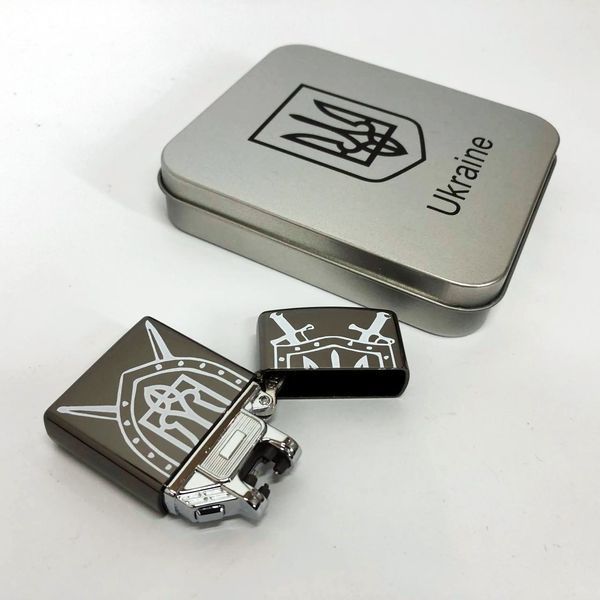 Дуговая электроимпульсная USB зажигалка Украина металлическая коробка HL-446. Цвет: черный 00023031 фото