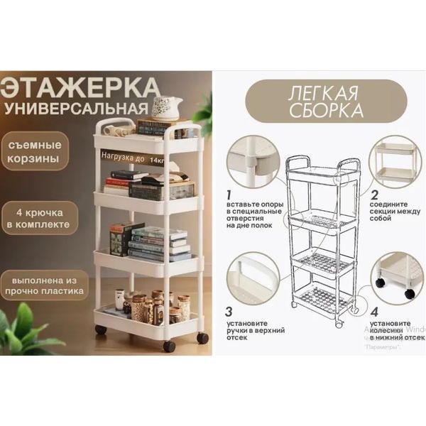 Этажерка на колесах 4 полки напольная белая Storage rack AND906 00013744 фото