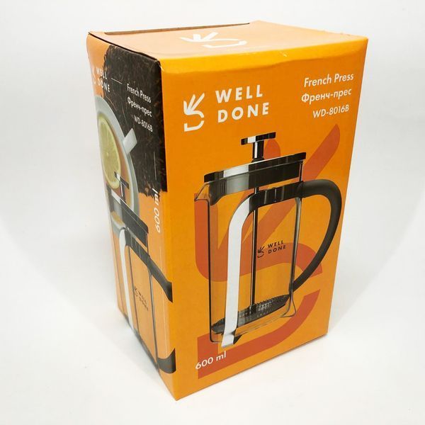 Френч прес Well Done WD-8016B з ручкою soft-touch 600 мл, Френч прес скляний на кухню 00019125 фото