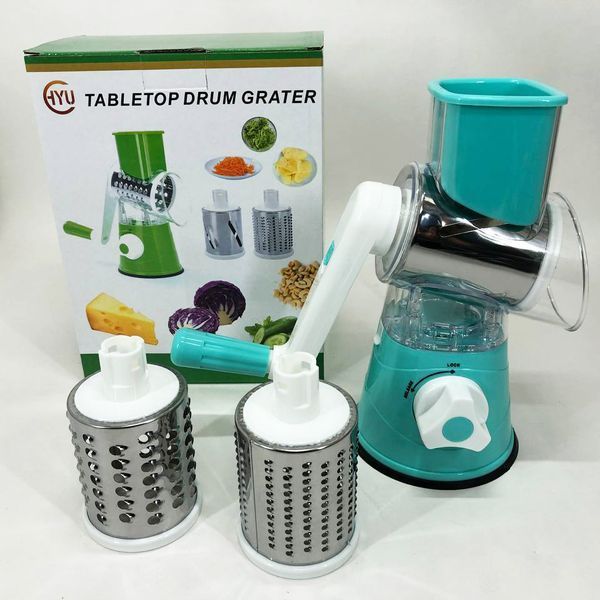Овочерізка мультислайсер Tabletop Drum Grater Kitchen Master Терка для овочів та фруктів 3 насадки. Колір: блакитний 00020016 фото